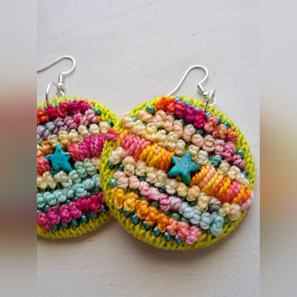 Hand Crafted Multicolor Crochet Round Earrings with Teal Star Accent - Picture 12 of 16